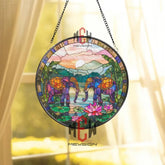 Elephant and Lotus Stained Glass Suncatcher Exotic Jungle Window Panel Colorful Round Glass Art Decor for Nature &